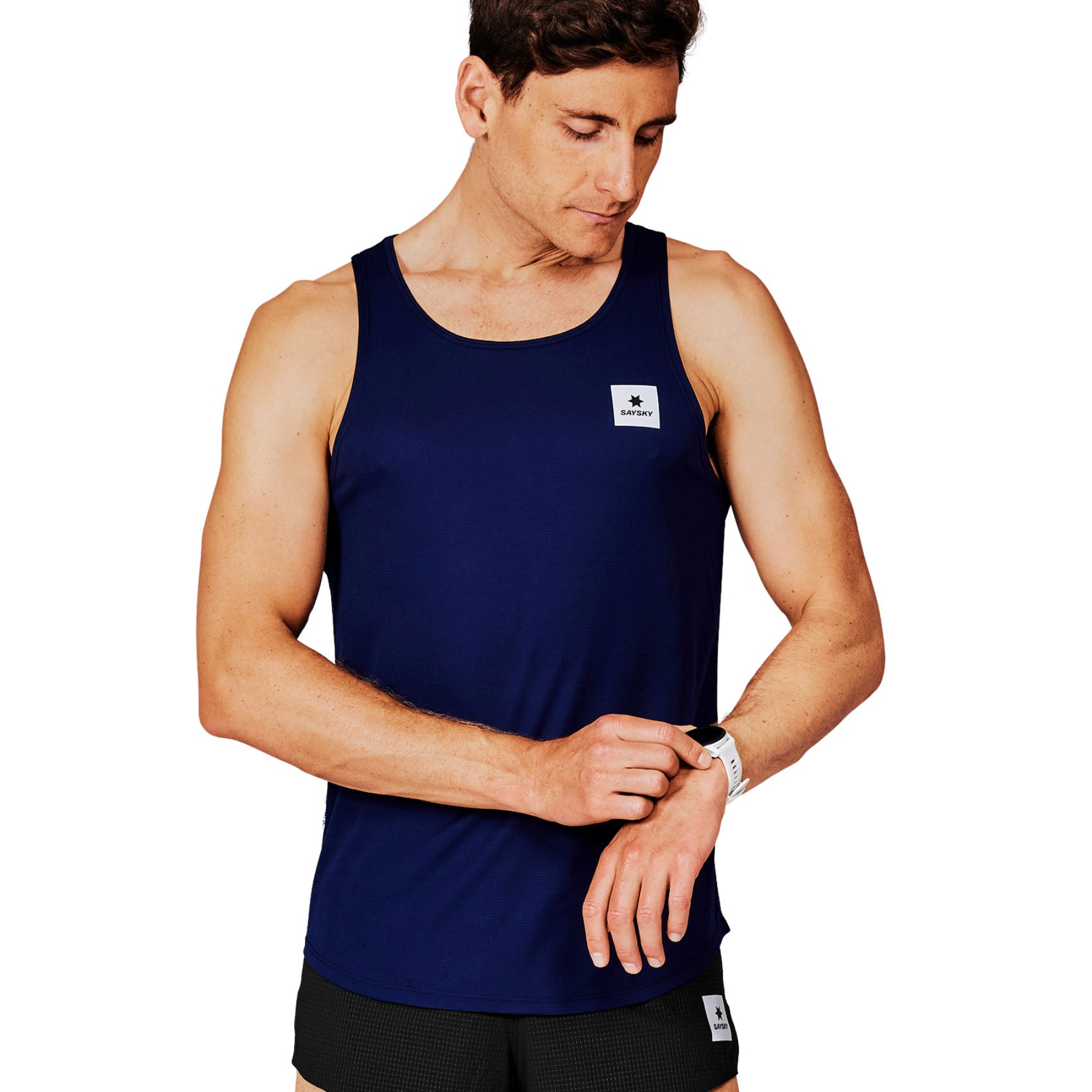 Mens Saysky Clean Flow Singlet | High Performance Race Day Top | Blue