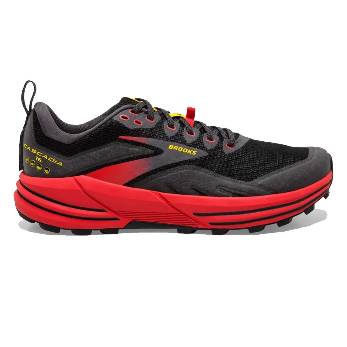 Mens Brooks Cascadia 16 - Black / Fiery Red / Yellow display picture 1