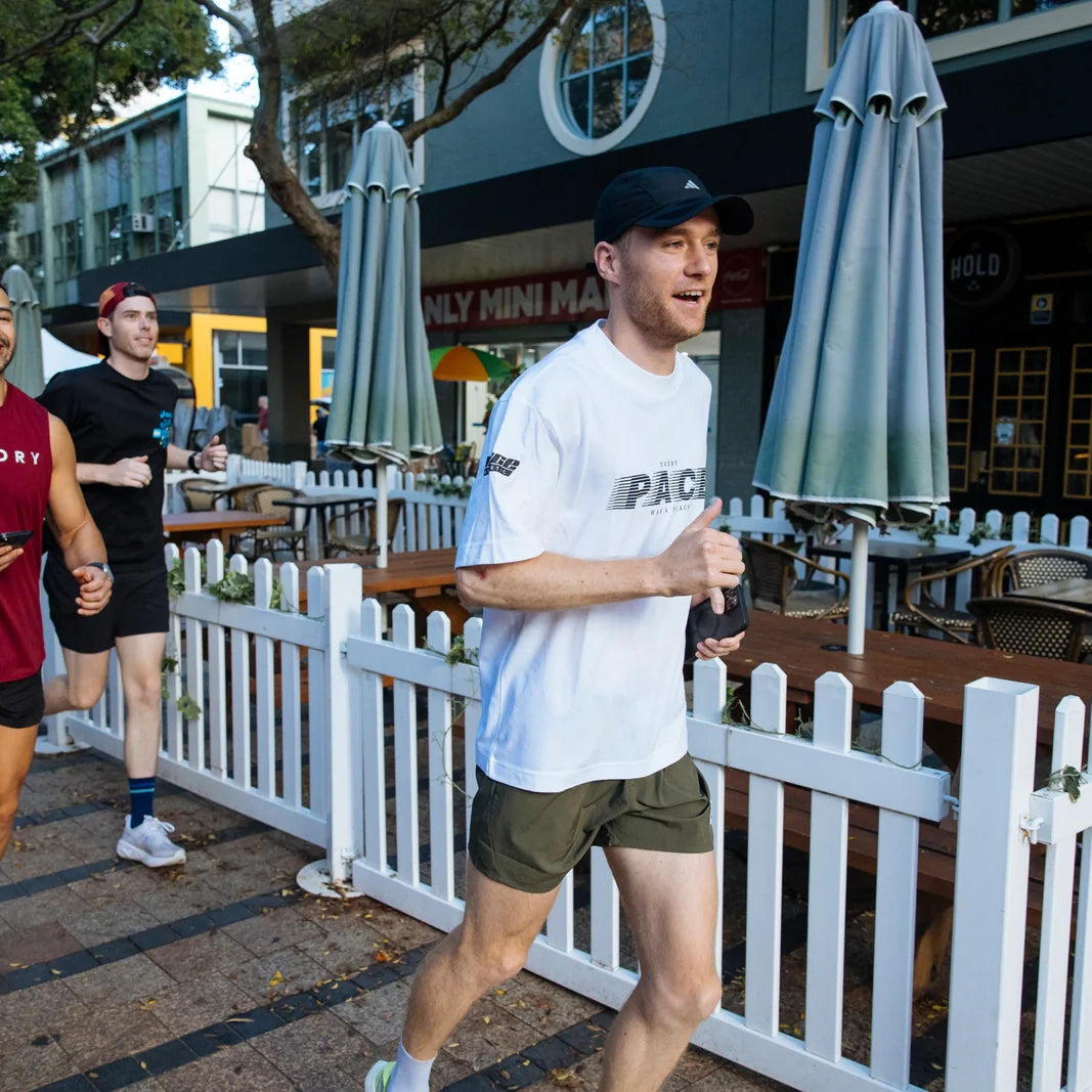 Group of runners in Adidas gear training at Manly.